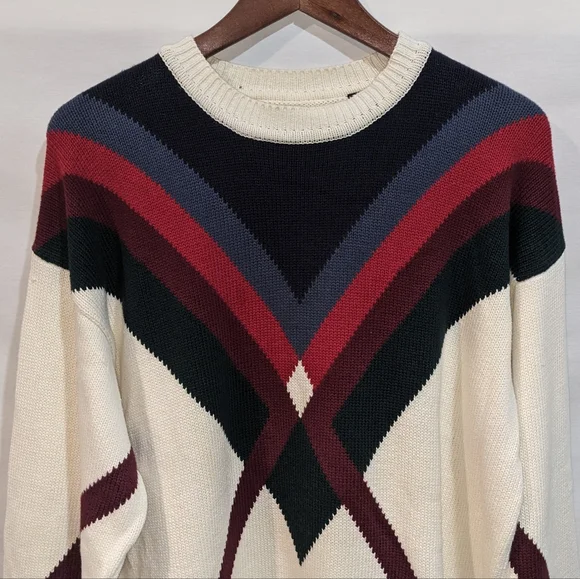 Vintage Bachrach 100% Cotton Geometric Print Knit Sweater Sz Large - Picture 3 of 10